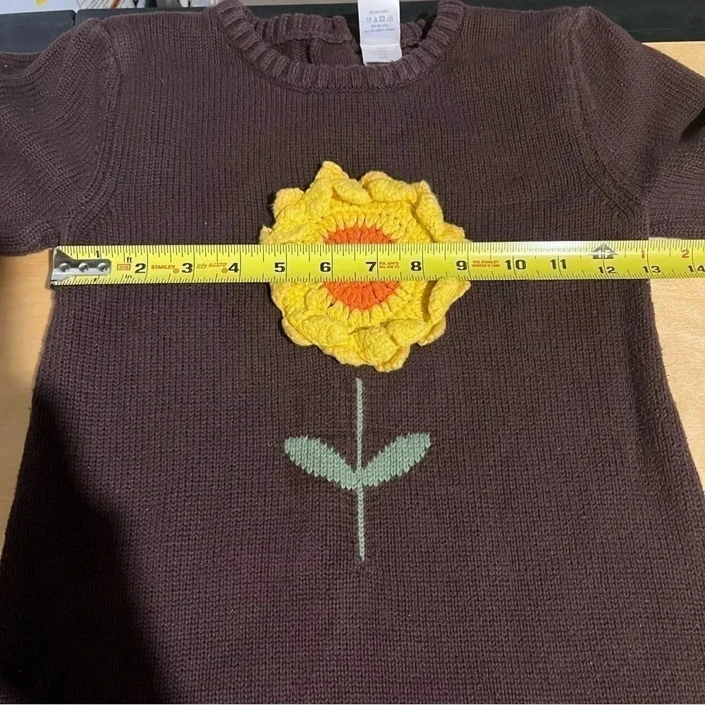 Gymboree Girls 10 Brown Knit Sweater Dress Yellow Flower Long Sleeves